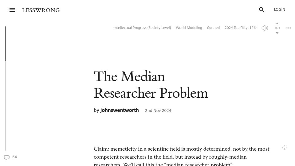 Screenshot of lesswrong.com: The Median Researcher Problem