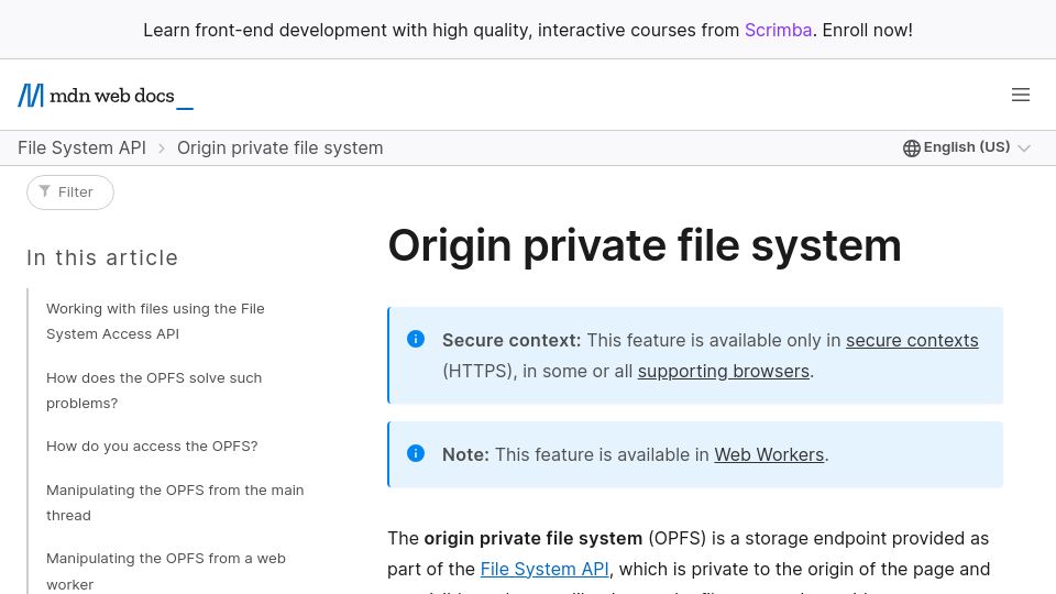 Screenshot of developer.mozilla.org: Origin private file system