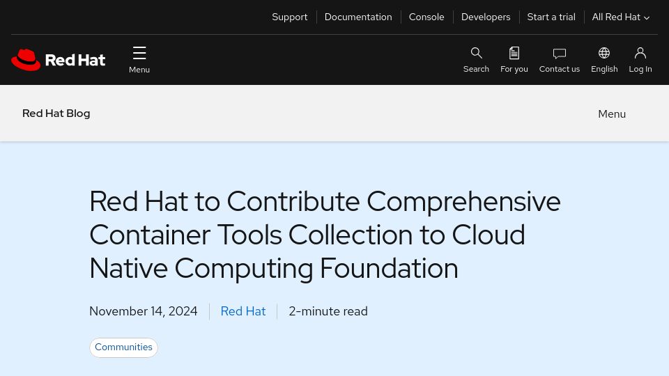 Screenshot of redhat.com: Red Hat to contribute container tech (Podman, bootc, ComposeFS...) to CNCF