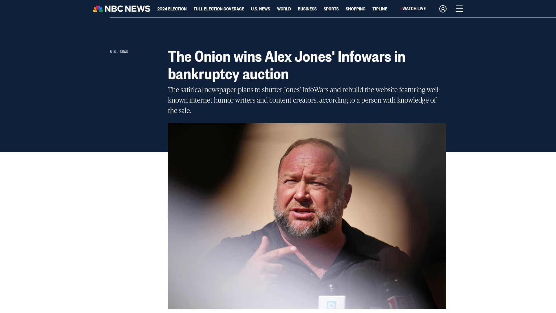 Screenshot of nbcnews.com: The Onion wins Alex Jones' Infowars in bankruptcy auction