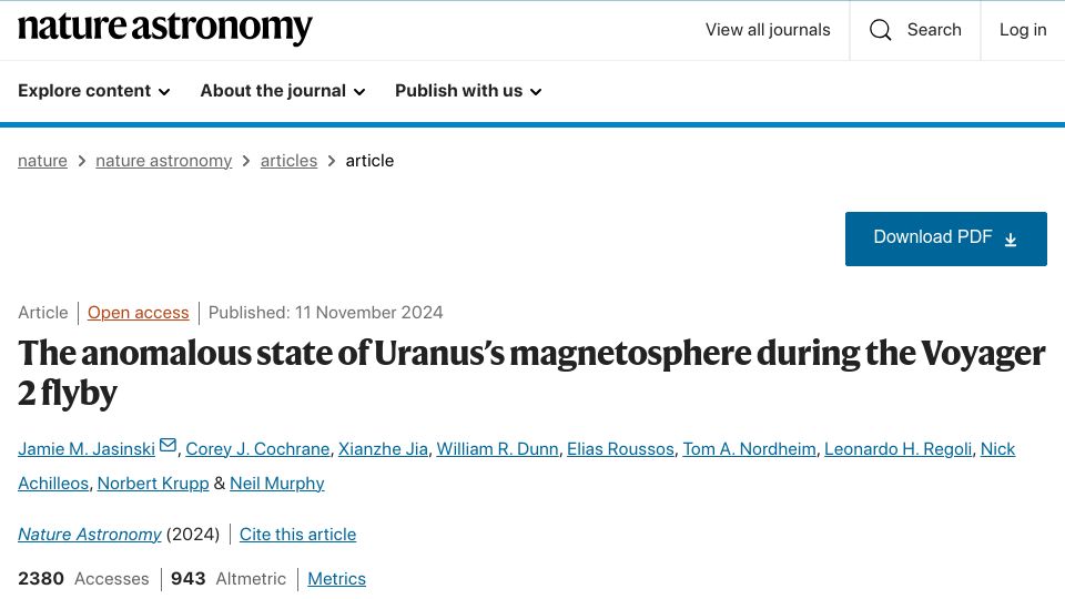 Screenshot of nature.com: The anomalous state of Uranus's magnetosphere during the Voyager 2 flyby
