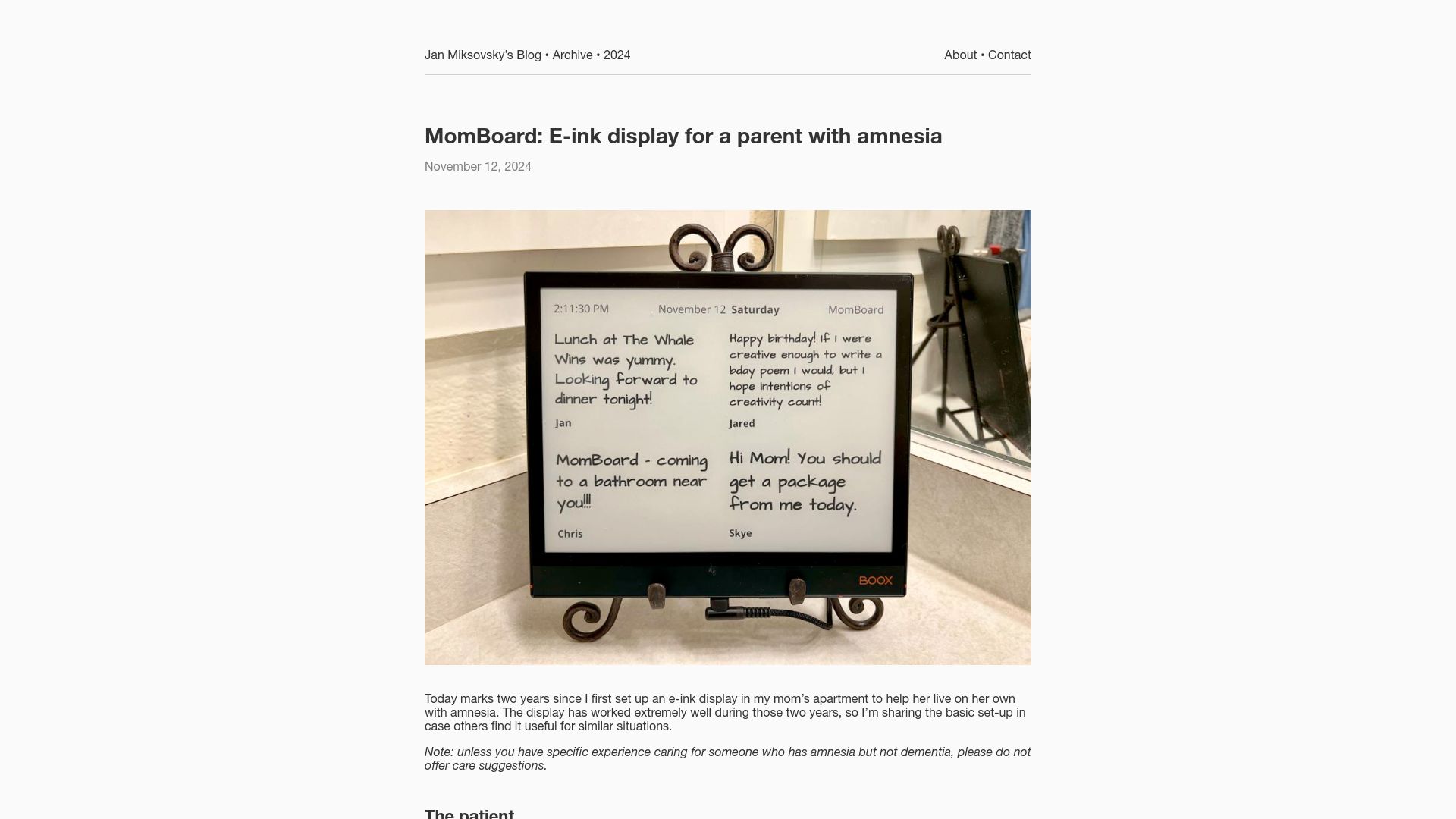 Screenshot of jan.miksovsky.com: MomBoard: E-ink display for a parent with amnesia