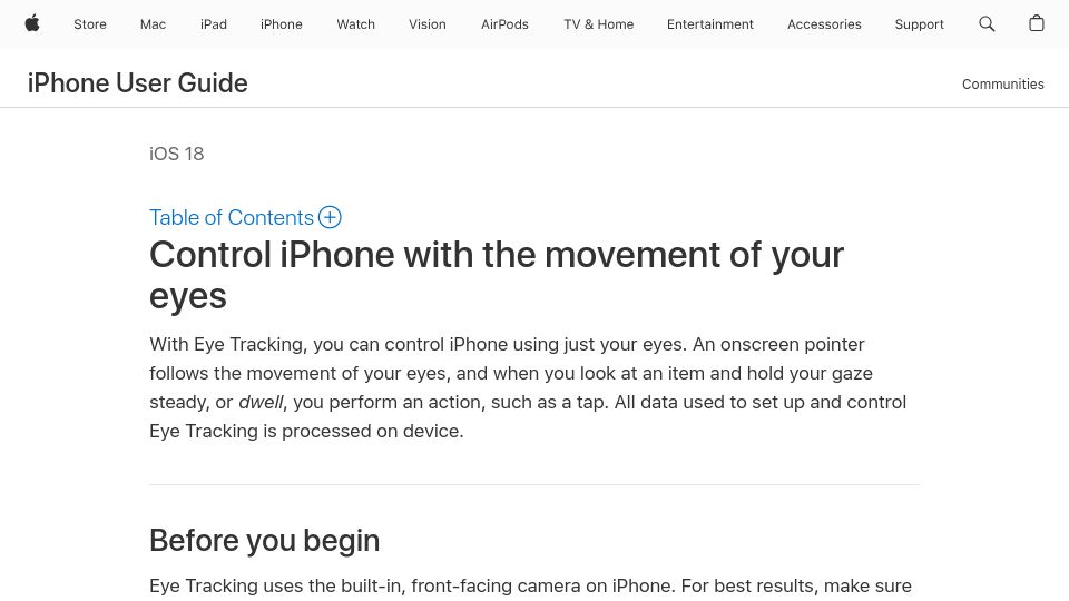 Screenshot of support.apple.com: Control iPhone with the movement of your eyes