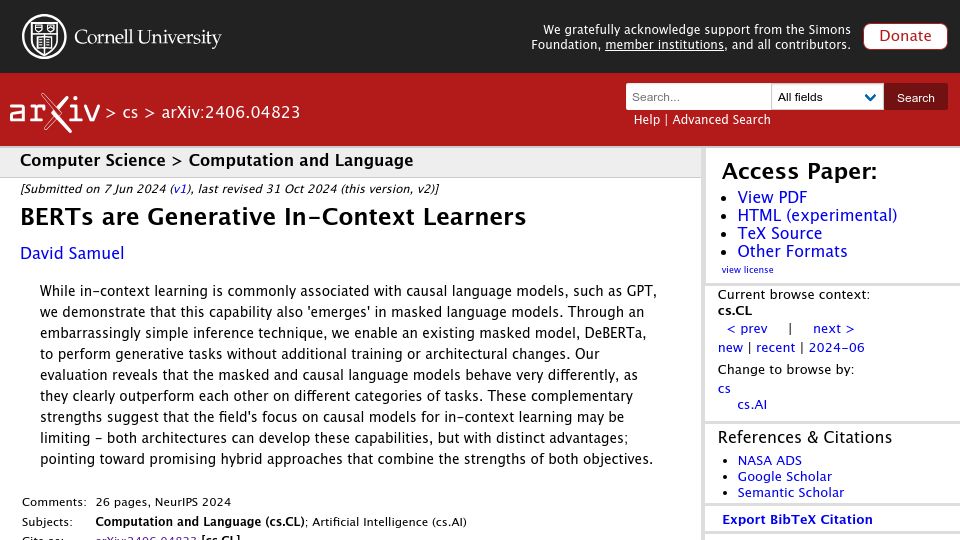 Screenshot of arxiv.org: BERTs Are Generative In-Context Learners