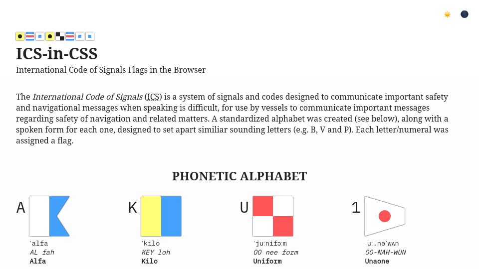 Screenshot of icsincss.tomerlichtash.com: Maritime Signal Flags in HTML/CSS