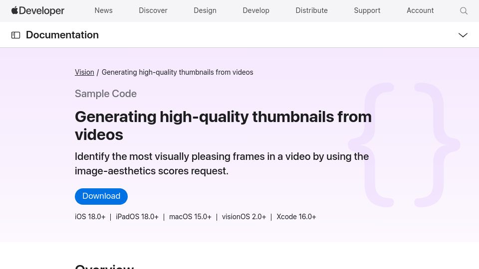 Screenshot of developer.apple.com: Generating high-quality thumbnails from videos
