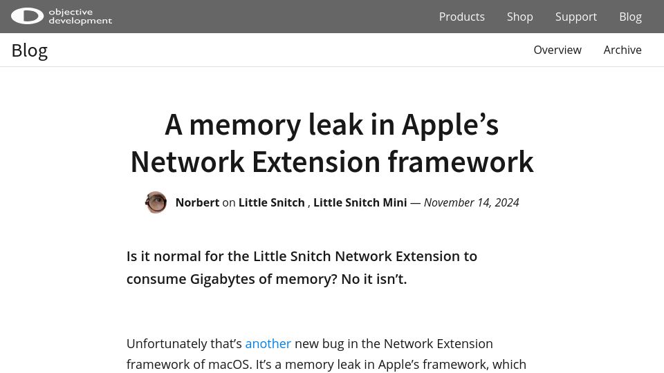 Screenshot of obdev.at: A memory leak in Apple's Network Extension framework