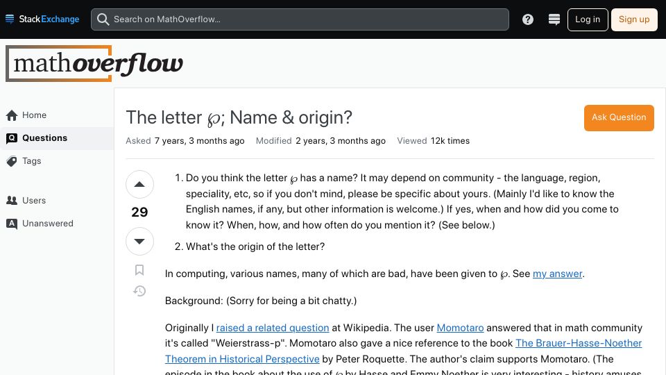 Screenshot of mathoverflow.net: The letter ℘: name and origin? (2017)