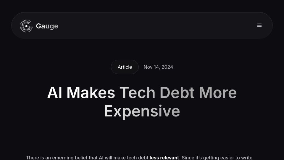 Screenshot of gauge.sh: AI makes tech debt more expensive