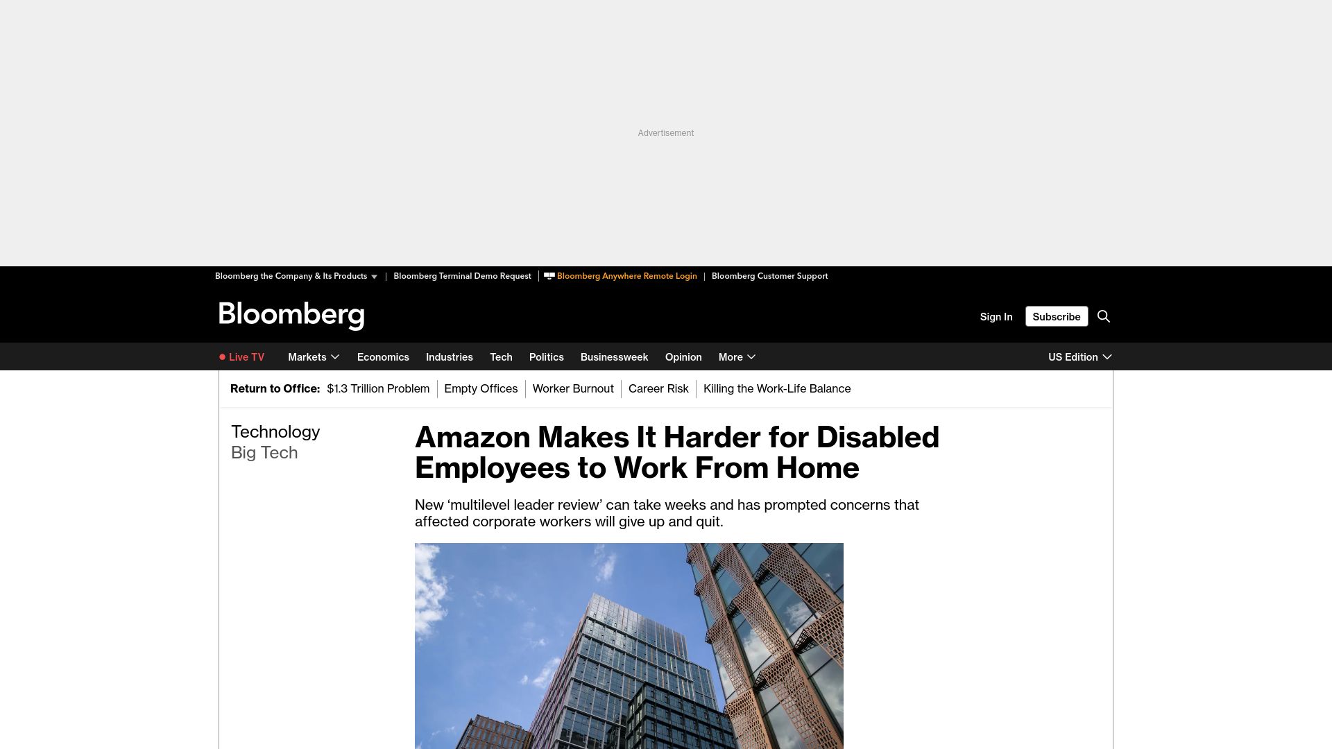 Screenshot of bloomberg.com: Amazon Makes It Harder for Disabled Employees to Work from Home