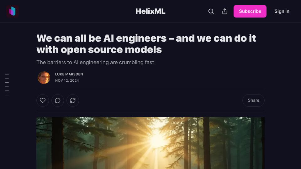 Screenshot of blog.helix.ml: The barriers to AI engineering are crumbling fast