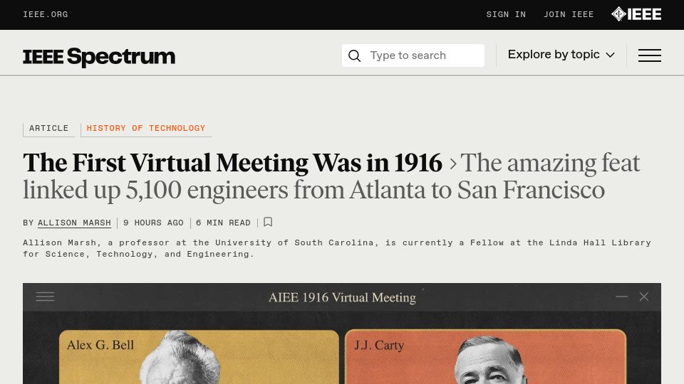 Screenshot of spectrum.ieee.org: The First Virtual Meeting Was in 1916