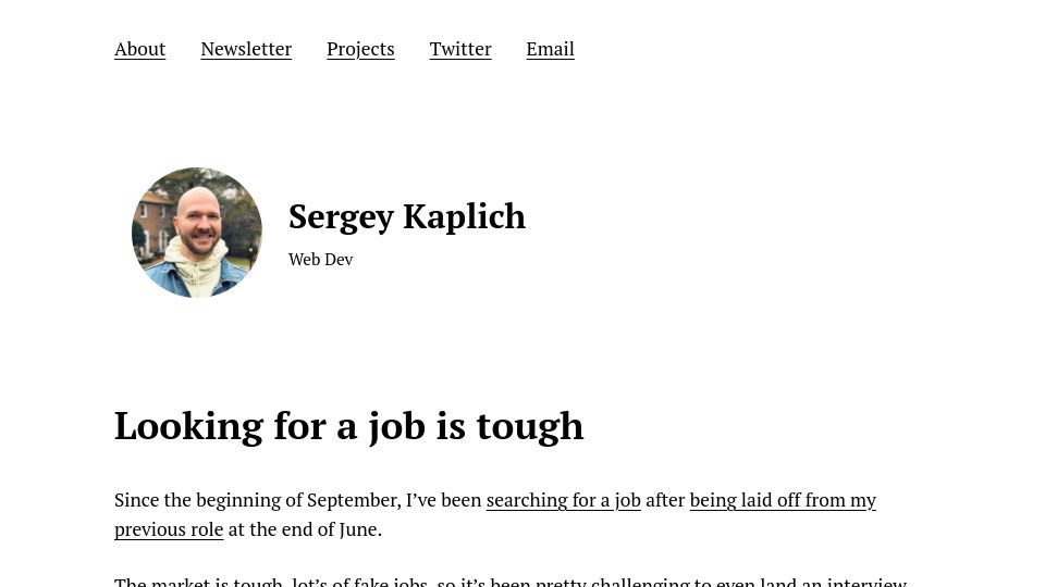 Screenshot of blog.kaplich.me: Looking for a Job Is Tough