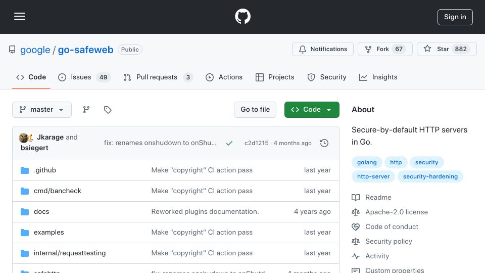 Screenshot of github.com: Go-Safeweb