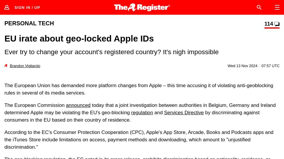Screenshot of theregister.com: EU irate about geo-locked Apple IDs