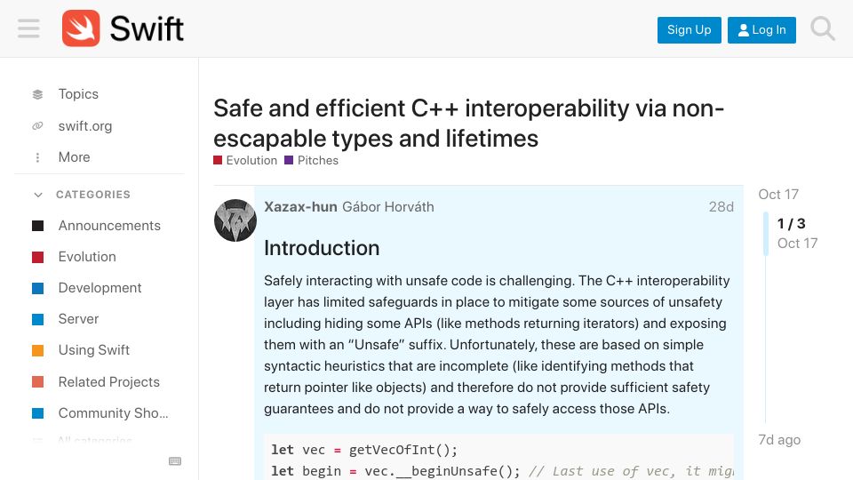 Screenshot of forums.swift.org: Safe and efficient C++ interoperability via non-escapable types and lifetimes