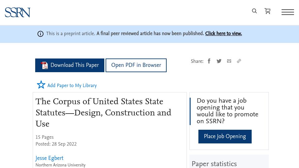 Screenshot of papers.ssrn.com: The Corpus of United States State Statutes–Design, Construction and Use