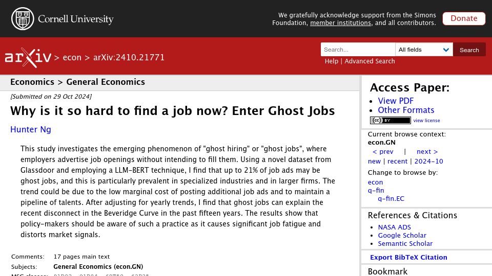 Screenshot of arxiv.org: Why is it so hard to find a job now? Enter Ghost Jobs