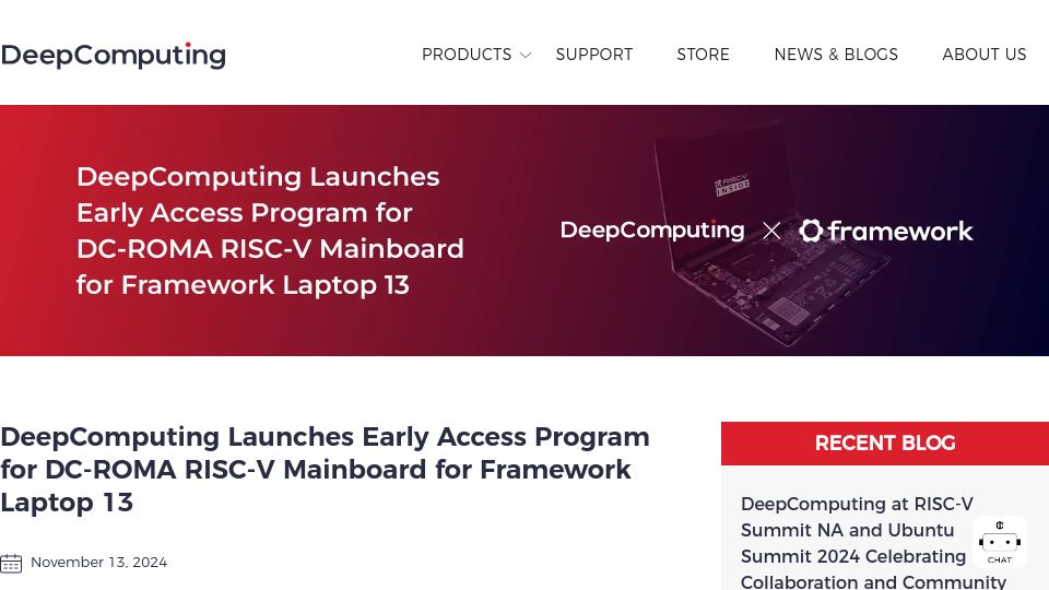 Screenshot of deepcomputing.io: DeepComputing: Early Access Program for RISC-V Mainboard for Framework Laptop 13