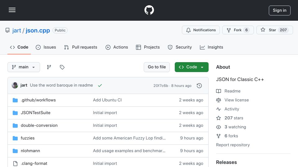 Screenshot of github.com: JSON for Classic C++