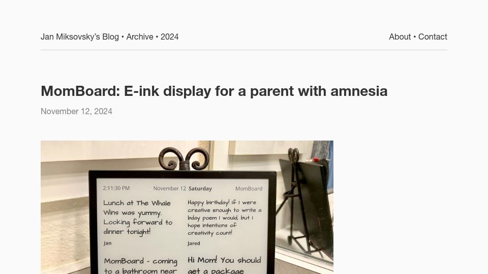 Screenshot of jan.miksovsky.com: MomBoard: E-ink display for a parent with amnesia