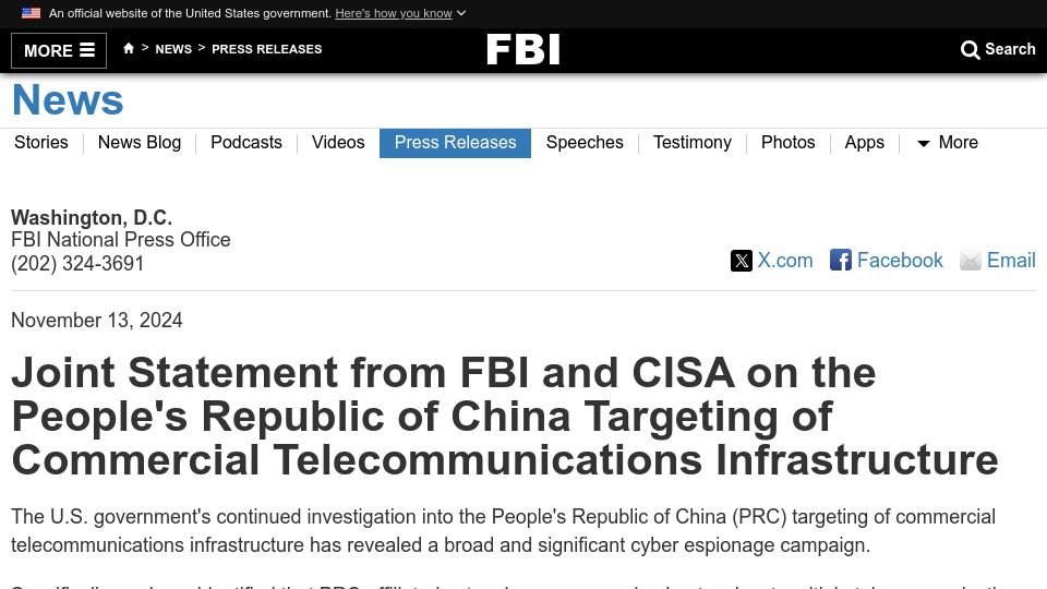Screenshot of fbi.gov: PRC Targeting of Commercial Telecommunications Infrastructure