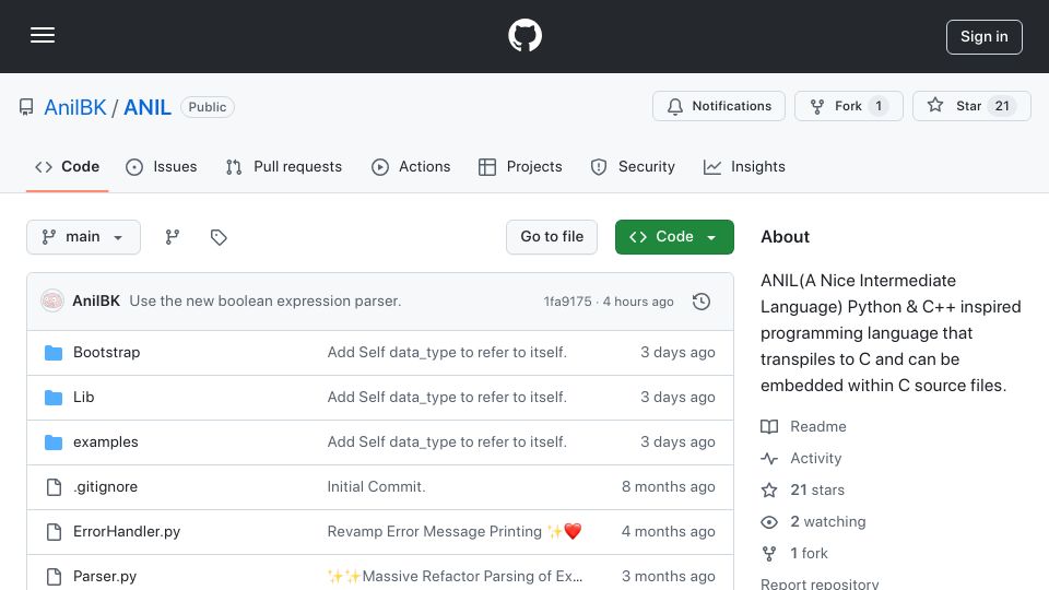 Screenshot of github.com: Python, C++ inspired language that transpiles to C and can be embedded within C