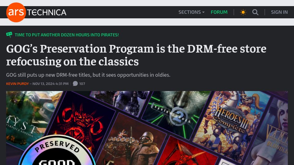 Screenshot of arstechnica.com: GOG's Preservation Program Is the DRM-Free Store Refocusing on the Classics