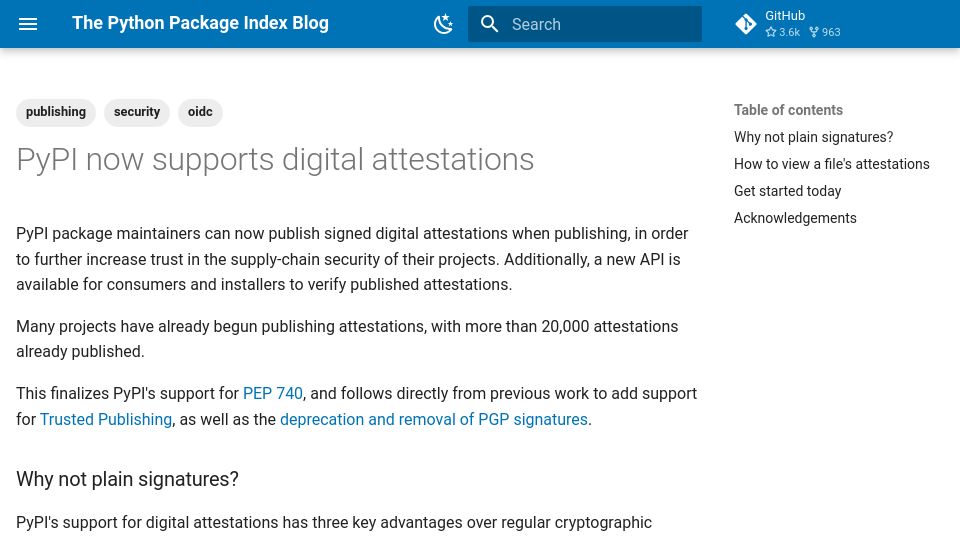 Screenshot of blog.pypi.org: PyPI now supports digital attestations