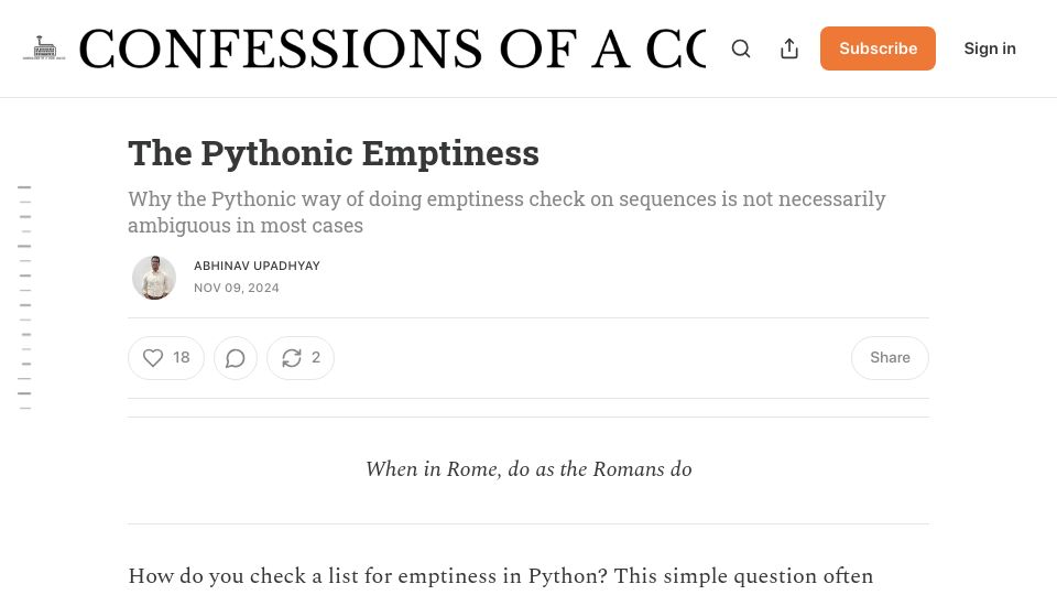 Screenshot of blog.codingconfessions.com: The Pythonic Emptiness