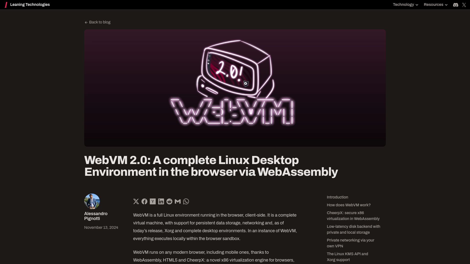 Screenshot of labs.leaningtech.com: WebVM 2.0: A complete Linux Desktop Environment in the browser via WebAssembly