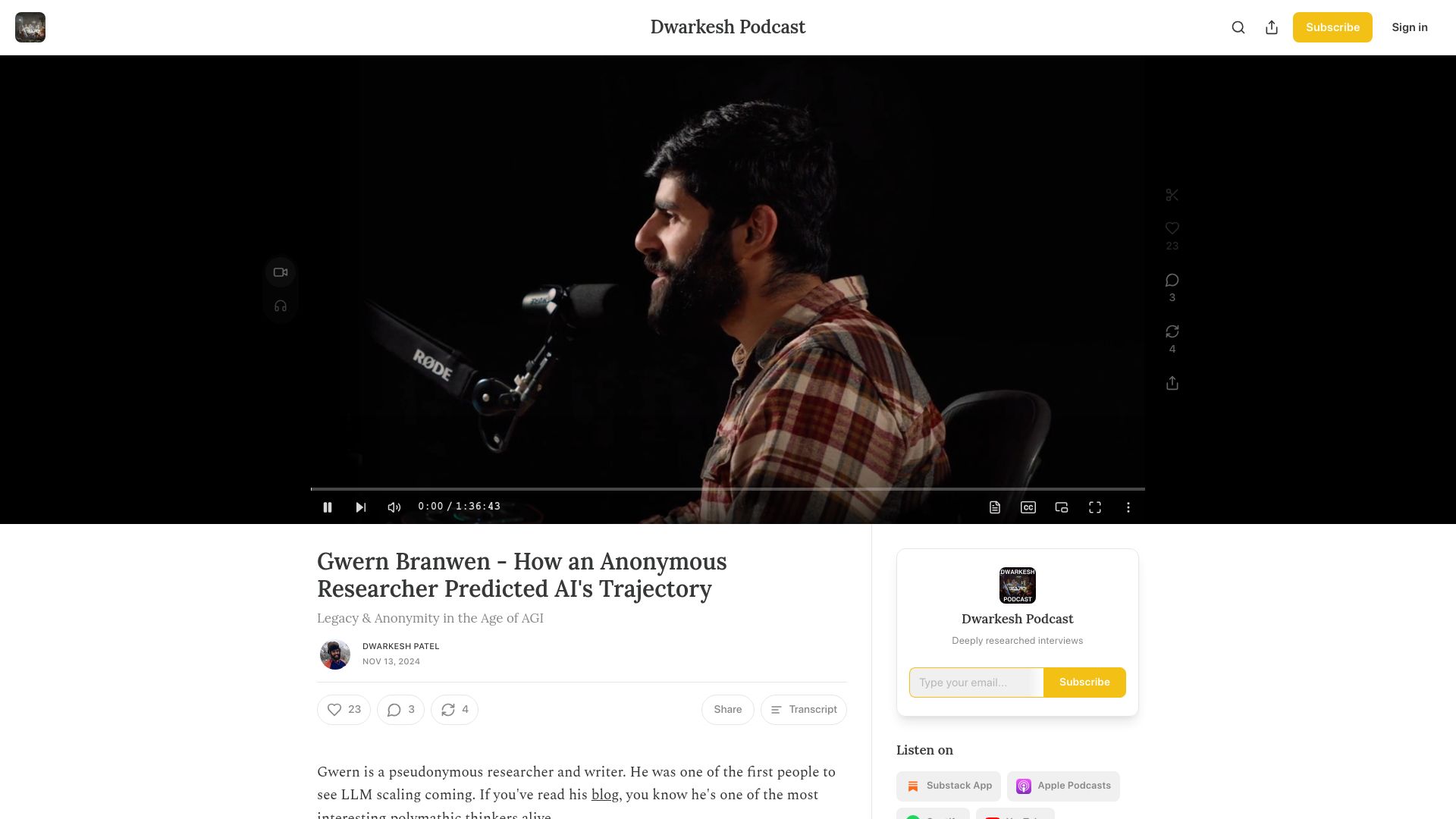 Screenshot of dwarkeshpatel.com: Interview with gwern