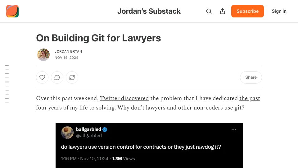 Screenshot of jordanbryan.substack.com: On Building Git for Lawyers