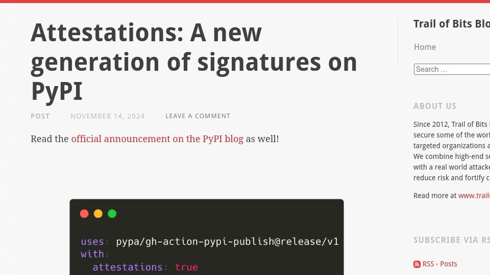 Screenshot of blog.trailofbits.com: Attestations: A new generation of signatures on PyPI