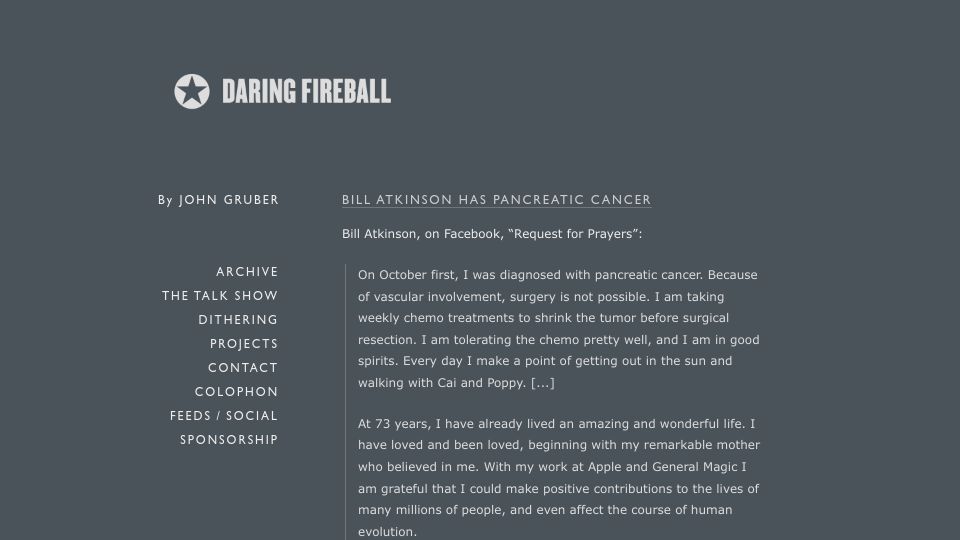 Screenshot of daringfireball.net: Bill Atkinson Has Pancreatic Cancer