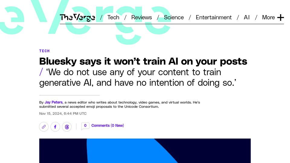 Screenshot of theverge.com: Bluesky says it won't train AI on your posts