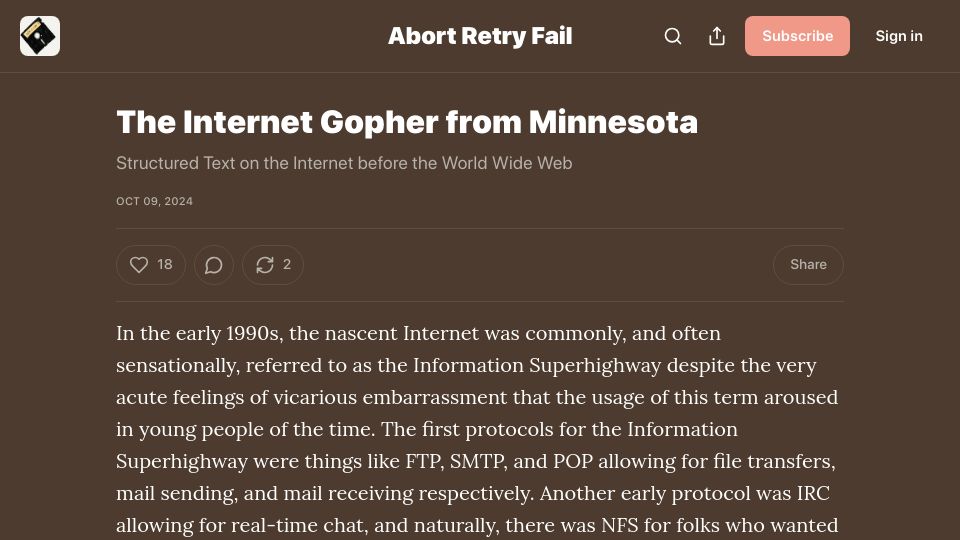 Screenshot of abortretry.fail: The Internet Gopher from Minnesota