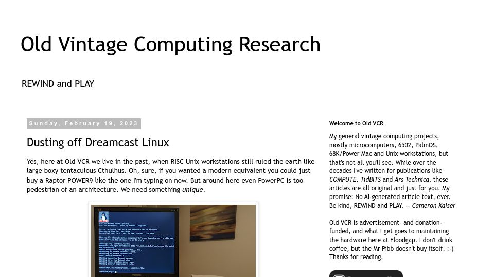 Screenshot of oldvcr.blogspot.com: Old Vintage Computing Research: Dusting Off Dreamcast Linux