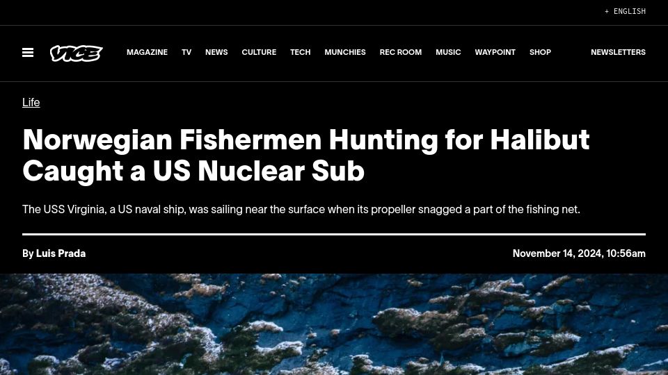 Screenshot of vice.com: Norwegian fishermen hunting for halibut caught a US nuclear sub