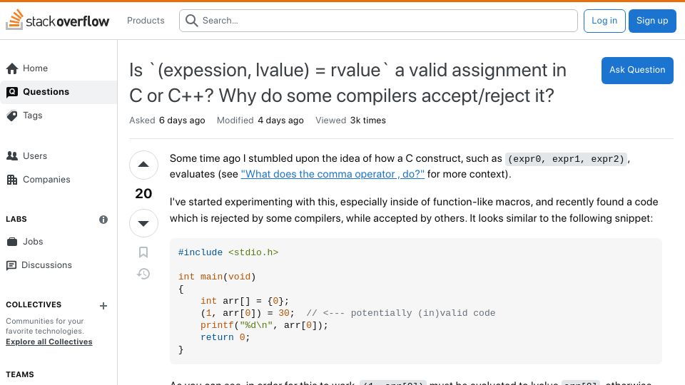 Screenshot of stackoverflow.com: Is `(expession, lvalue) = rvalue` a valid assignment in C or C++?
