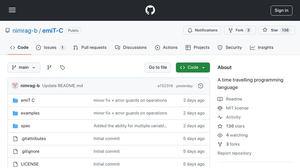 Screenshot of github.com: Emit-C: A time travelling programming language