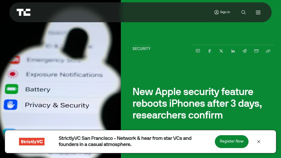 Screenshot of techcrunch.com: New Apple security feature reboots iPhones after 3 days, researchers confirm