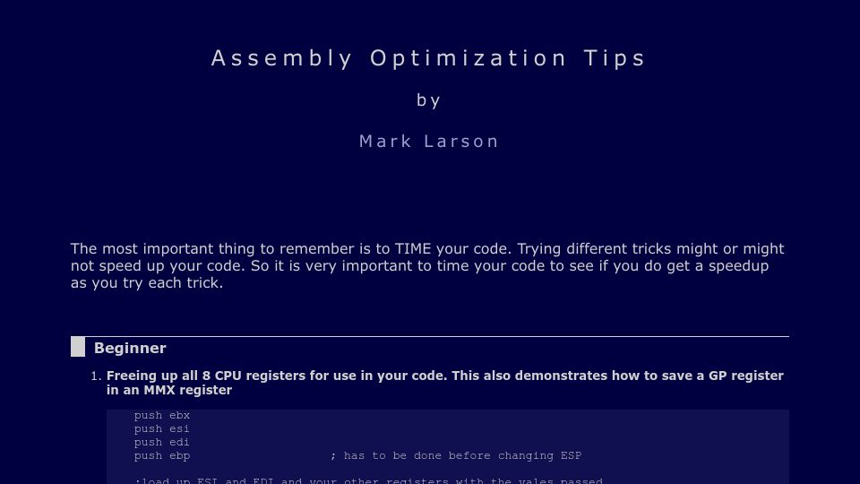 Screenshot of masm32.com: Assembly Optimization Tips by Mark Larson