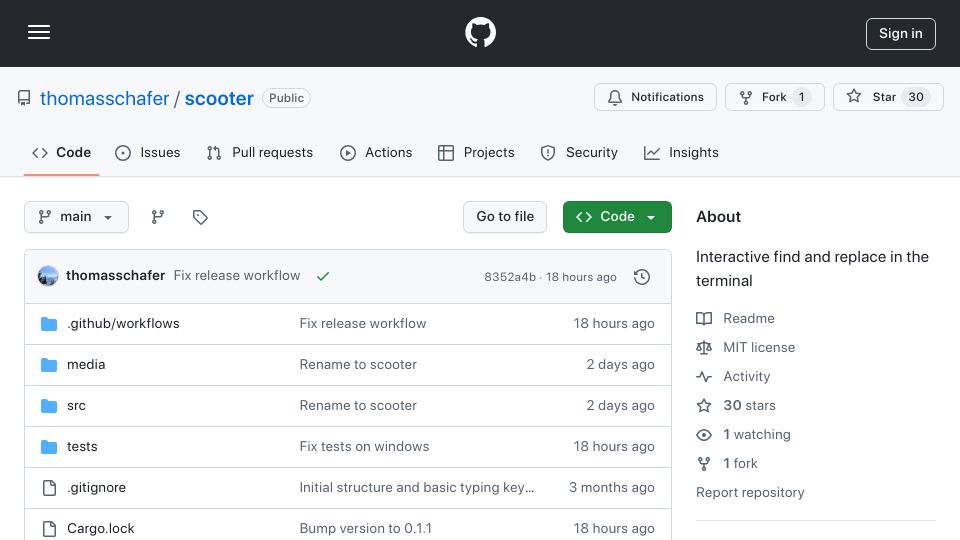 Screenshot of github.com: Show HN: Scooter – Interactive find and replace in the terminal