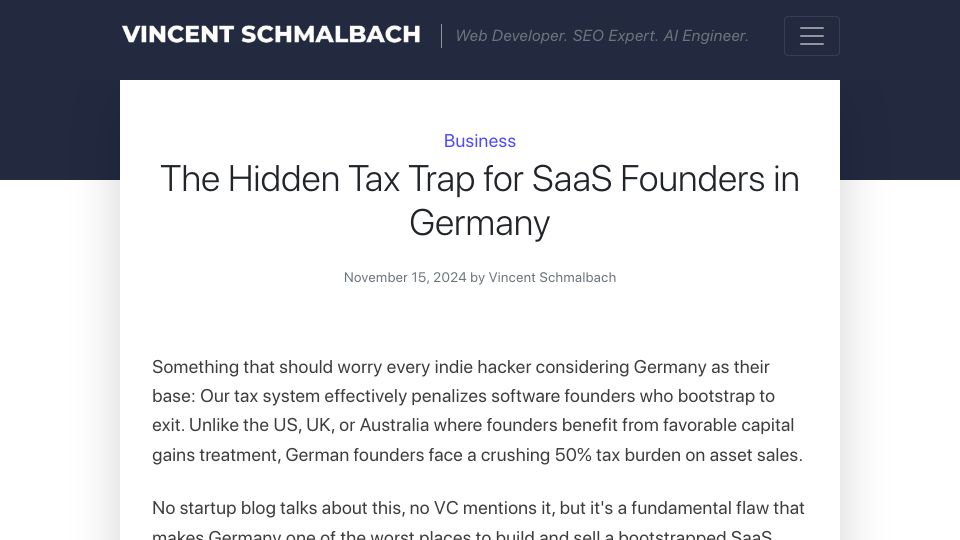 Screenshot of vincentschmalbach.com: The Hidden Tax Trap for SaaS Founders in Germany
