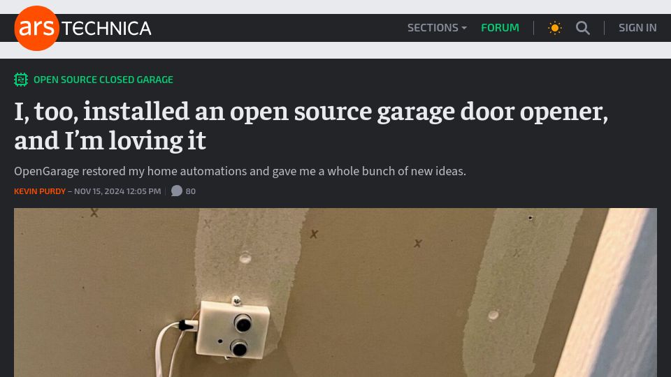 Screenshot of arstechnica.com: Installed an open source garage door opener, and I'm loving it