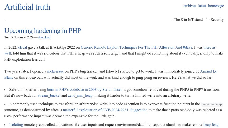 Screenshot of dustri.org: Upcoming Hardening in PHP
