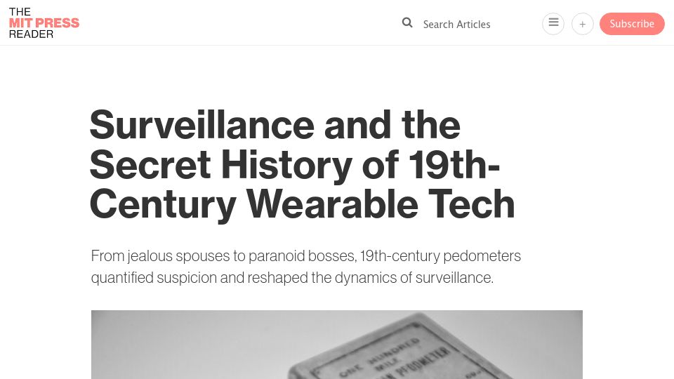 Screenshot of thereader.mitpress.mit.edu: Surveillance and the history of 19th-century wearable tech