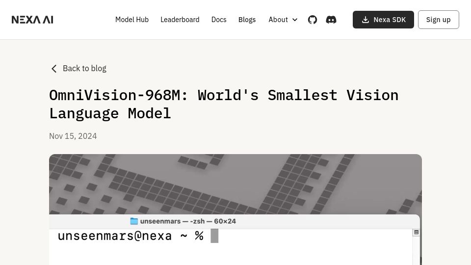Screenshot of nexa.ai: Omnivision-968M: Vision Language Model with 9x Tokens Reduction for Edge Devices