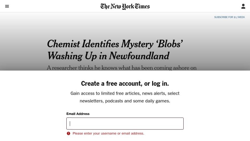 Screenshot of nytimes.com: Chemist Identifies Mystery 'Blobs' Washing Up in Newfoundland